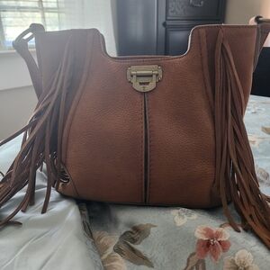 New Frye Cognac Leather Fringe Shoulder Bag